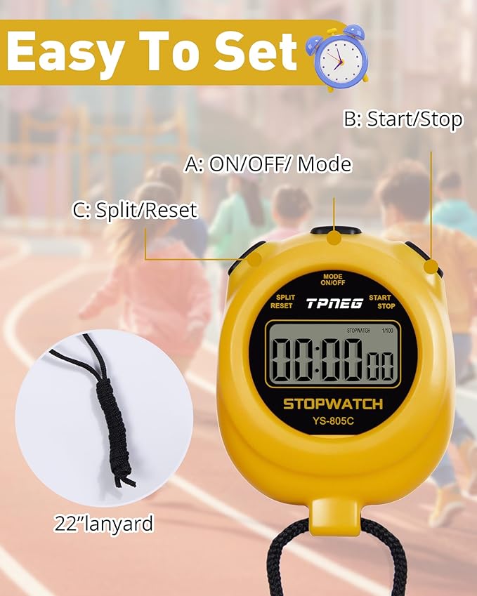 Simple Stopwatch Timer - Easy to Use, Set Up, Read, and Carry - Large Display - On/Off, AAA Battery