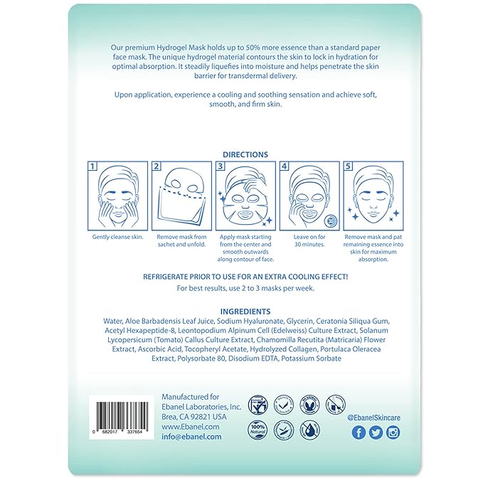 Ebanel 5 Pack Hydrogel Collagen Face Mask with Hyaluronic Acid, Vitamin C, Peptide, Aloe, Instant