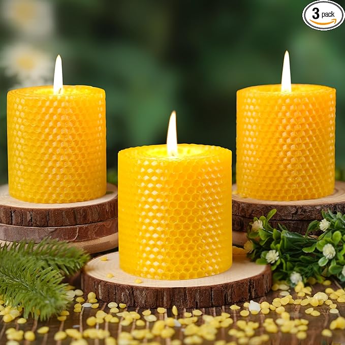 Hand-Rolled Beeswax Candles,2.8x3in-3PCS,All Natural Honeycomb Beeswax Pillar Candles,72 Hours Long