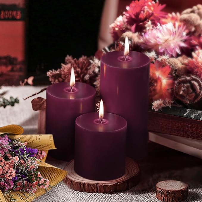 KONNI Purple Pillar Candles Set of 3, 3"x 6" Unscented Pillar Candles Bulk, 56 Hours Long Burning