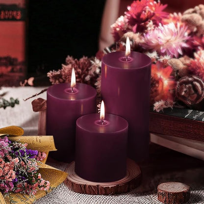 KONNI Purple Pillar Candles Set of 3, 3"x 6" Unscented Pillar Candles Bulk, 56 Hours Long Burning