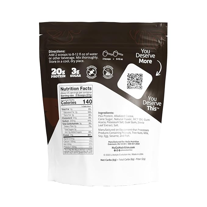 NuGo Plant Protein Powder, Chocolate, 20g Vegan Pea Protein, Low Sugar, Gluten Free, Dairy Free