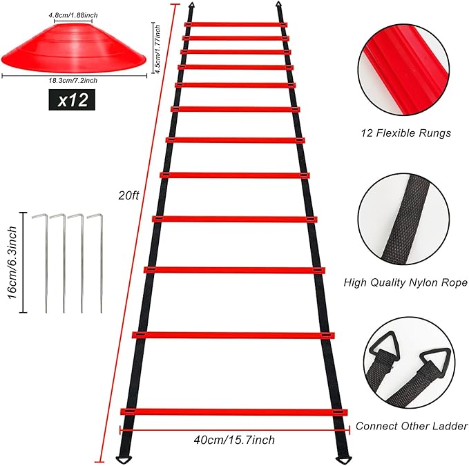 Professional Agility Ladder Speed Training Equipment Set-20ft Agility Ladder,12 Soccer Cones, 4