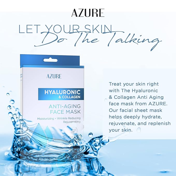 Azure Cosmetics Hyaluronic Acid & Collagen Anti Aging Sheet Facial Mask - Rejuvenating &