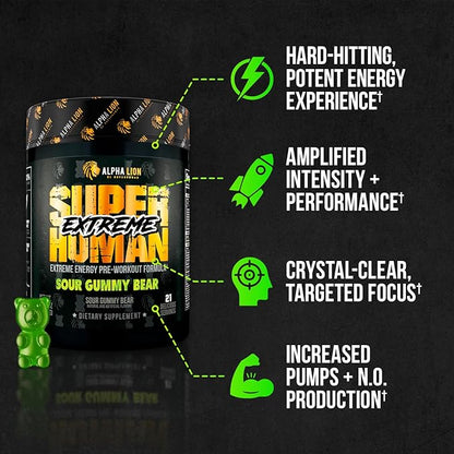 ALPHA LION Superhuman Extreme High Stim Pre Workout Powder, Beta Alanine, L-Taurine & 356mg