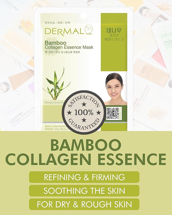 DERMAL Bamboo Collagen Essence Facial Mask Sheet 23g Pack of 10 - Hydrating & Calming, For Dewy and
