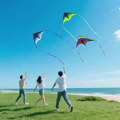 3 Pack Delta Kite Set for Adults and Kids, Single Line Beach Kites for Boys & Girls, Three Handle