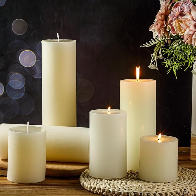 Shihanee 12 Pcs Pillar Candles 3 in x 3,4,5,6,8,10 Dripless Unscented Smokeless Candle Long Burning
