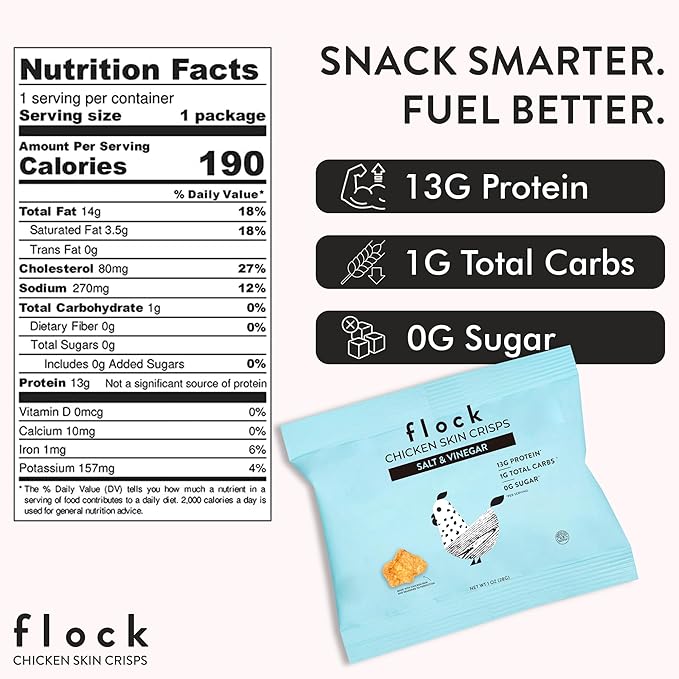 Flock Keto Chicken Skin Chips | Salt and Vinegar Flavor | Low Carb, High Protein, Sugar Free