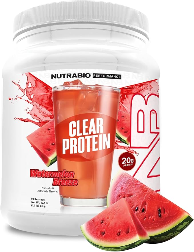 NutraBio Clear Protein Powder, Watermelon Breeze - 20 Servings, 20g Clear Whey Protein Isolate, 0