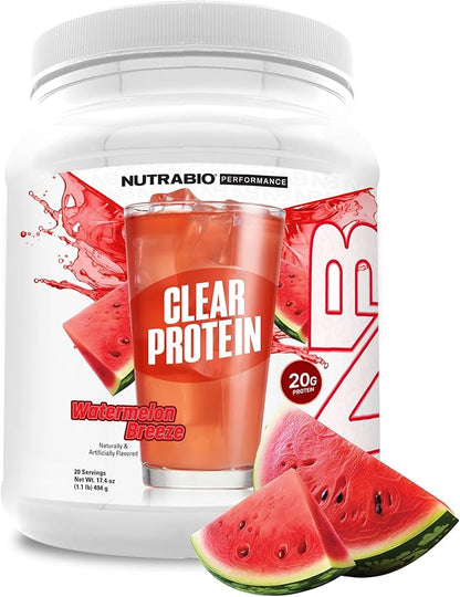 NutraBio Clear Protein Powder, Watermelon Breeze - 20 Servings, 20g Clear Whey Protein Isolate, 0