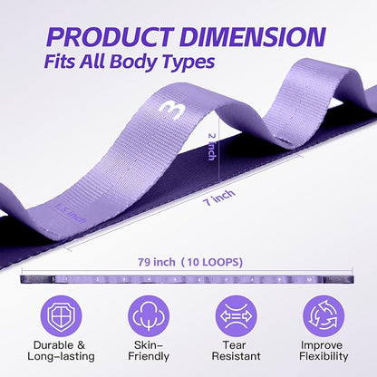 Stretching Strap with Loops - Non Elastic Yoga Straps for Physical Therapy, Durable Stretch Bands