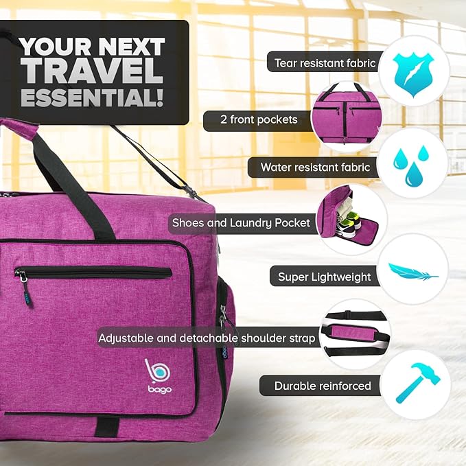 Bago Foldable Duffel Bags for Traveling Women & Men - 60L Medium Packable Duffle Bag for Travel