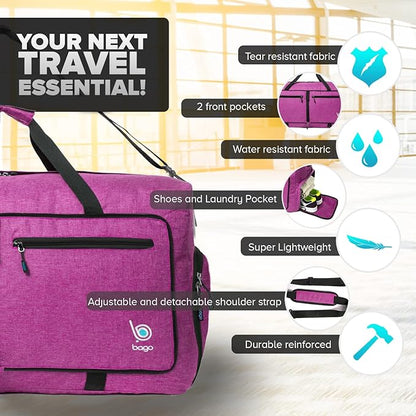 Bago Foldable Duffel Bags for Traveling Women & Men - 60L Medium Packable Duffle Bag for Travel
