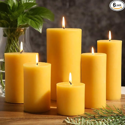 Natural Beeswax Candles Set of 6, Handmade Beeswax Pillar Candles Set, 6 Sizes, 100% Pure Unscented