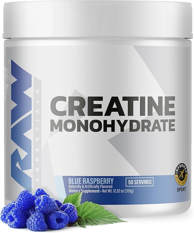 RAW Nutrition Creatine Monohydrate Powder, Blue Raspberry (30 Servings) - Micronized Creatine