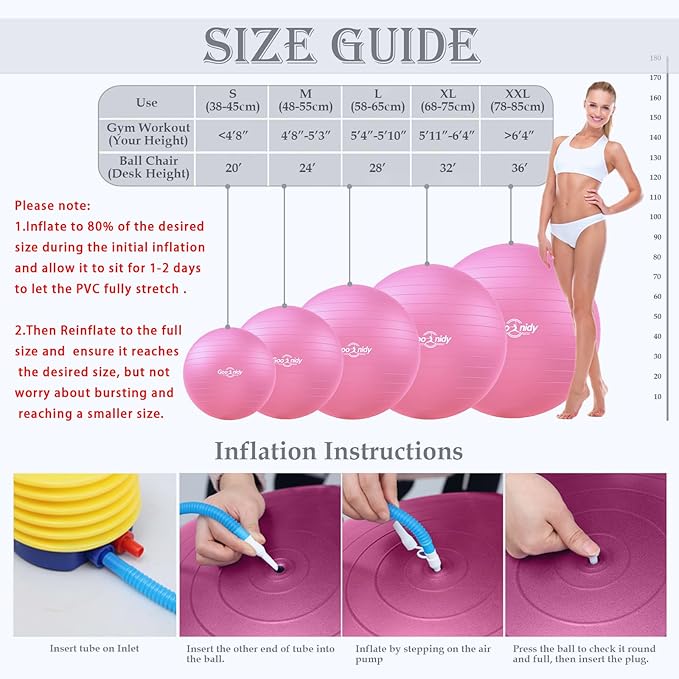 Soft Exercise ball, Anti-Burst Yoga Ball Chair Supports 2200lbs, Workout Equipment w/ Pump for