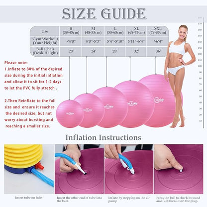 Soft Exercise ball, Anti-Burst Yoga Ball Chair Supports 2200lbs, Workout Equipment w/ Pump for