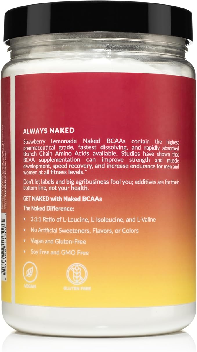NAKED Strawberry Lemonade BCAAs Amino Acids Powder, 100% Pure 2:1:1 Formula, Vegan Branched Chain