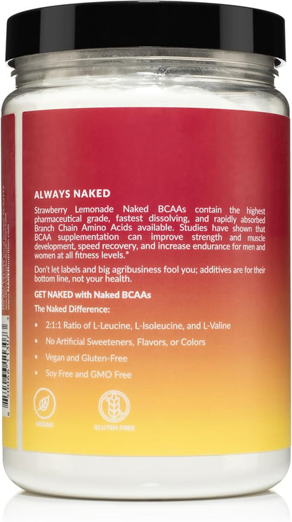 NAKED Strawberry Lemonade BCAAs Amino Acids Powder, 100% Pure 2:1:1 Formula, Vegan Branched Chain