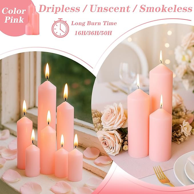 36 Pcs Pink Pillar Candles Bulk Set，Hurricane Candlesï¼? Different Lengths (12 Each)，Dripless