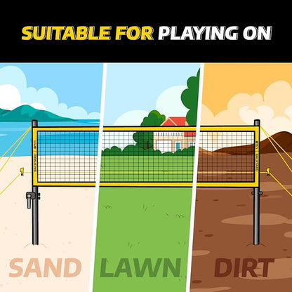 A11N Outdoor Volleyball and Badminton Combo Set - Includes Adjustable Height Anti-Sag Net