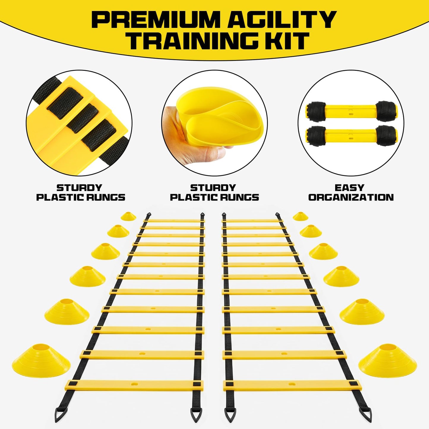 2 Pack 20ft Agility Ladder Set, 40ft Total Adjustable Speed Ladder with 12 Cones, 8 Stakes, 1 Carry