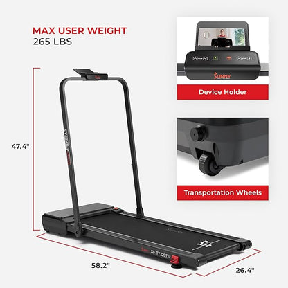Sunny Health & Fitness Sleek Compact Smart Treadpad Treadmill with 6-Level Auto Incline, Remote