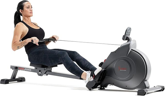 Sunny Health & Fitness Flip & Foldable Rowing Machine for Home w/Extended Slide Rail, Full-Body