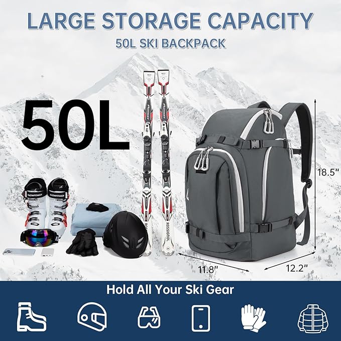 Ski Boot Bag, 50L Ski Boot Travel Backpack for Skis, Snowboard & Accessories, Waterproof Padded Ski