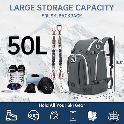 Ski Boot Bag, 50L Ski Boot Travel Backpack for Skis, Snowboard & Accessories, Waterproof Padded Ski
