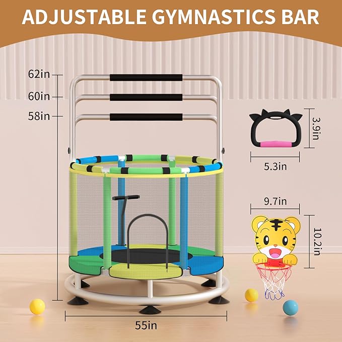 Trampoline for Kids, Adjustable Baby Toddler Trampoline with Basketball Hoop, Round Bottom Indoor
