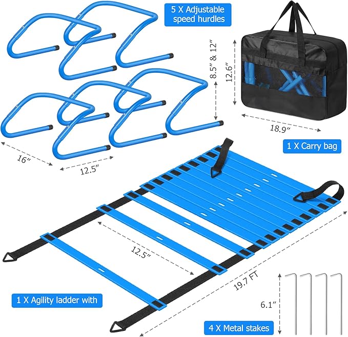 Speed and Agility Training Equipment: 5 Adjustable Agility Hurdles. 20ft Agility Ladder, Soccer