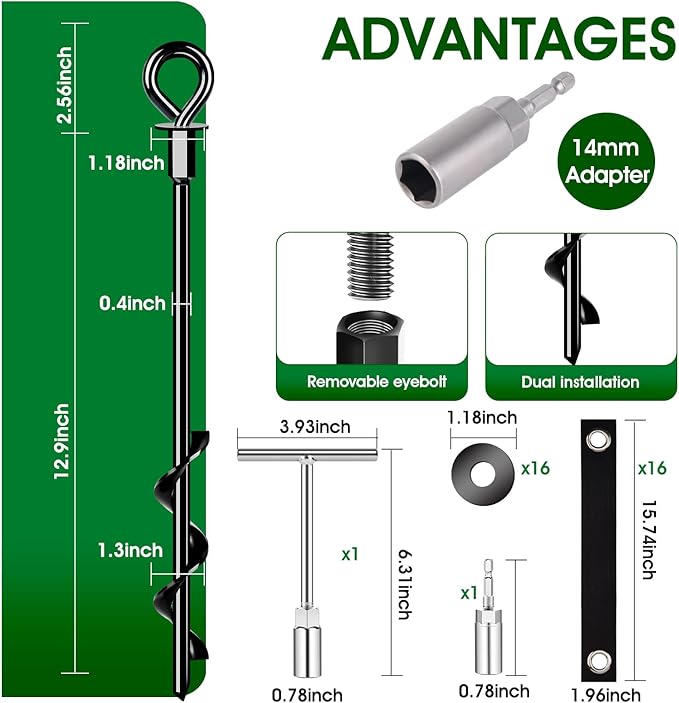 Trampoline Anchors Set of 16 - Heavy Duty Trampoline Stakes - Ground Anchors Resistant High Wind