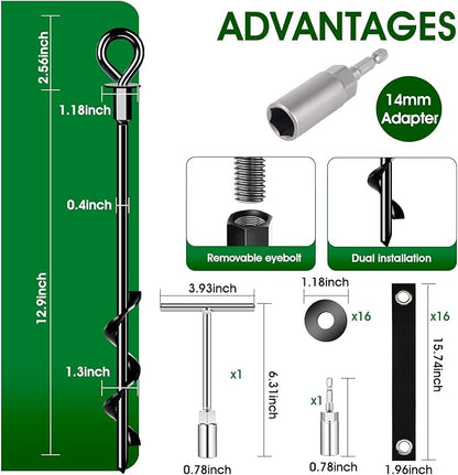 Trampoline Anchors Set of 16 - Heavy Duty Trampoline Stakes - Ground Anchors Resistant High Wind