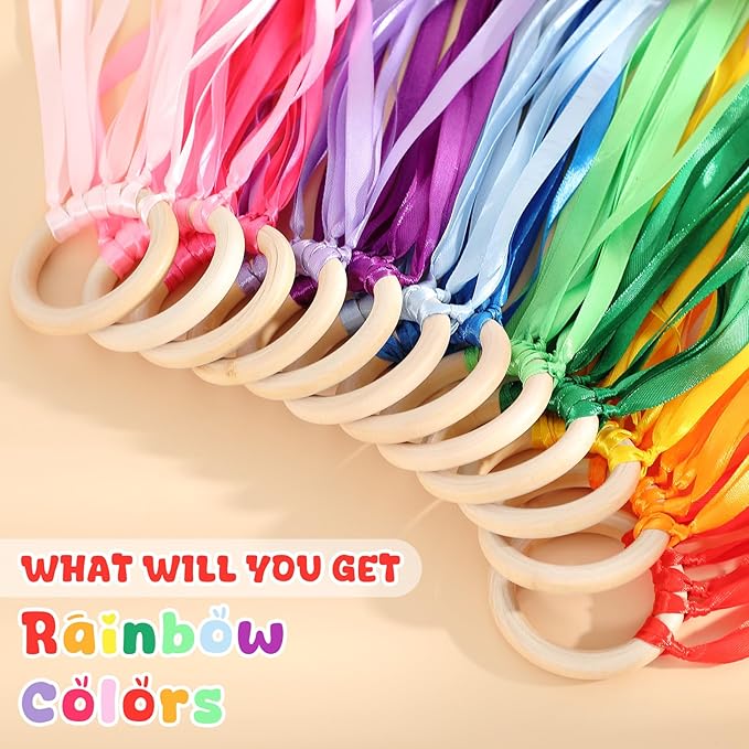 Junkin Ribbon Rings Hand Kite Waldorf Toys Dancing Wrist Ribbons Rainbow Streamers with Wood Ring