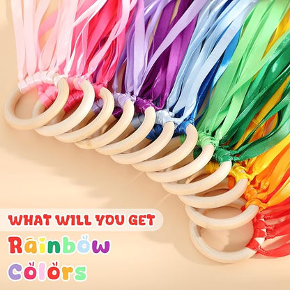 Junkin Ribbon Rings Hand Kite Waldorf Toys Dancing Wrist Ribbons Rainbow Streamers with Wood Ring