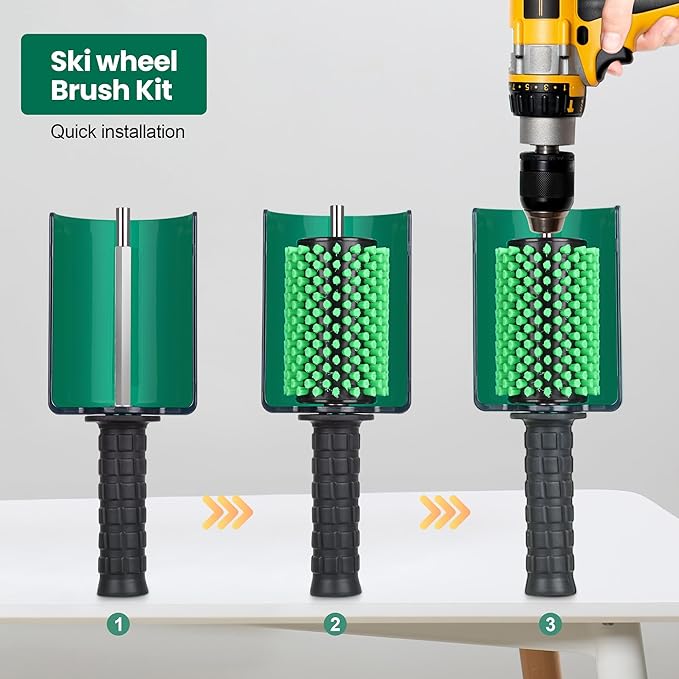 Ski Snowboard Roto Brush Kit with Quick-Change Axle 3 Professional Brushes: Brass, Horsehair, Nylon