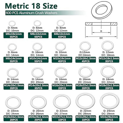 600PCS Oil Drain Plug Gasket Kit,18 Sizes Aluminum Crush Washers Assortment Kit,Automotive, Crush