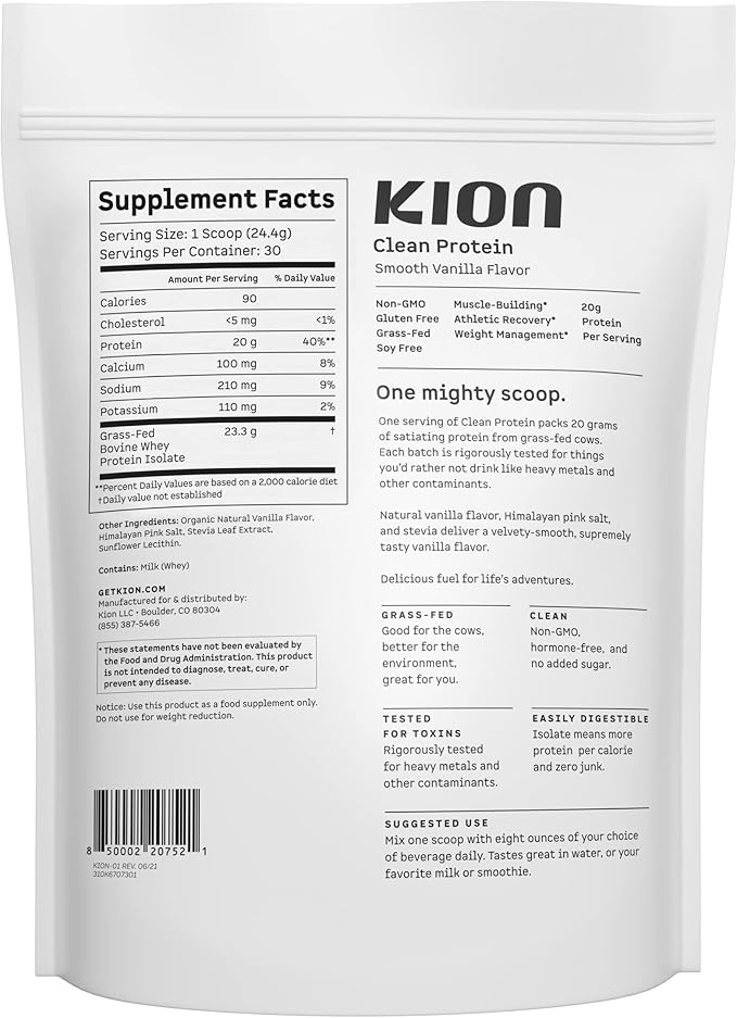 Kion Clean Protein | Grass-Fed & Pasture-Raised Whey Isolate Protein Powder | Smooth Vanilla | 30