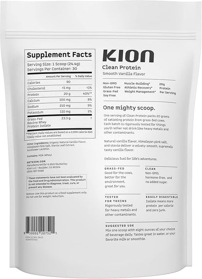 Kion Clean Protein | Grass-Fed & Pasture-Raised Whey Isolate Protein Powder | Smooth Vanilla | 30