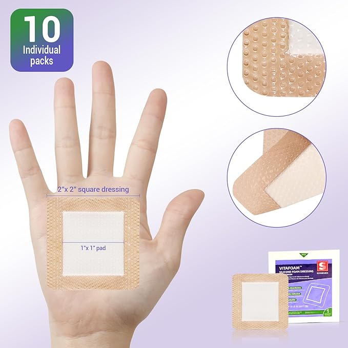 Silicone Foam Dressing 2" x 2" with Border, High Absorbency Wound Bandage, Gentle Adhesion, Soft