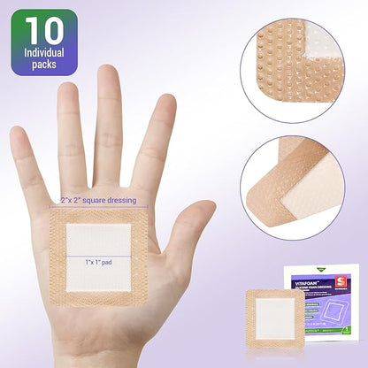 Silicone Foam Dressing 2" x 2" with Border, High Absorbency Wound Bandage, Gentle Adhesion, Soft