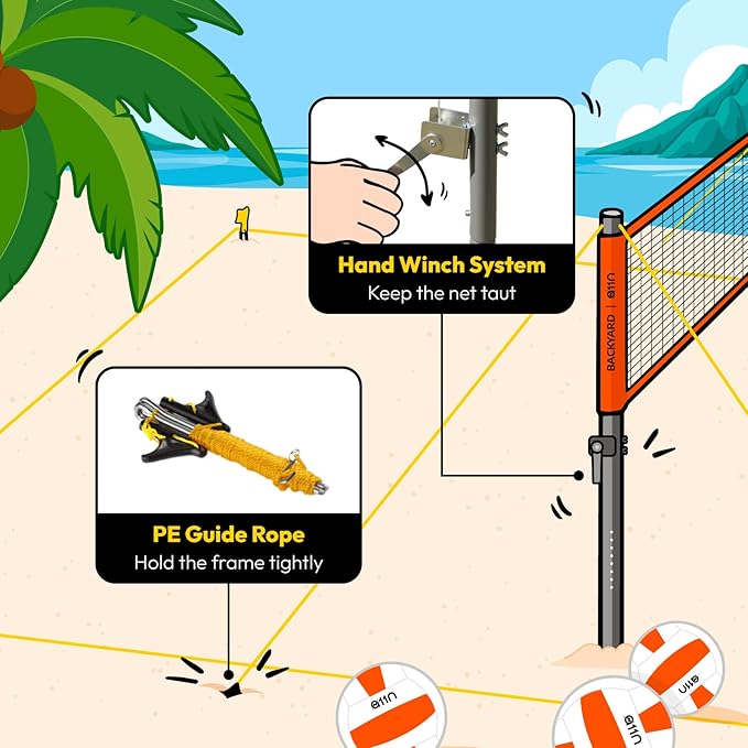 A11N Outdoor Volleyball and Badminton Combo Set - Includes Adjustable Height Anti-Sag Net