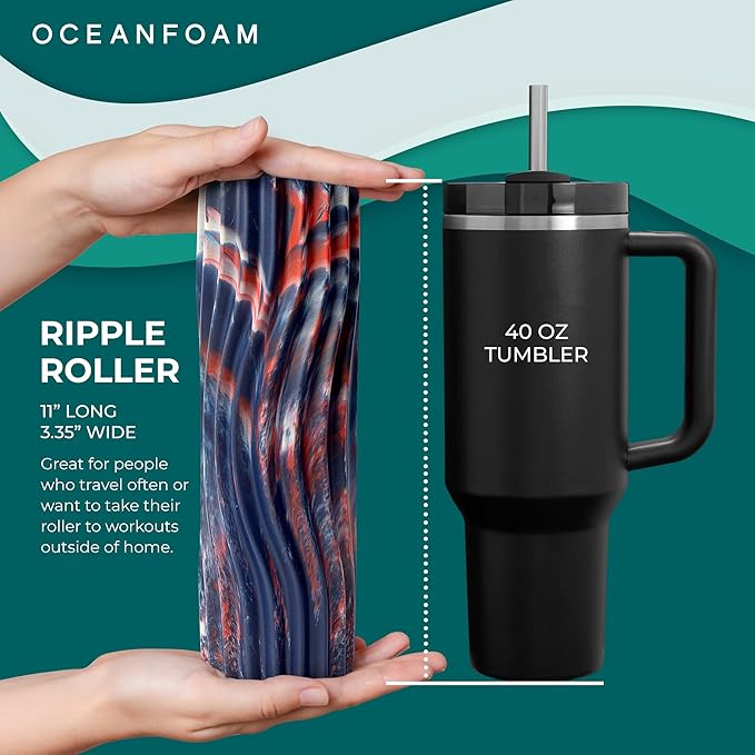 Oceanfoam Ripple Travel Foam Roller (11" x 3.35") Firm Mini Foam Roller for Physical Therapy, Deep