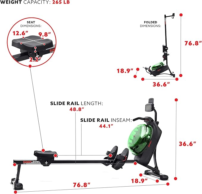 Sunny Health & Fitness Elite Water Rowing Machine with High Dynamic Resistance Vertical Tank