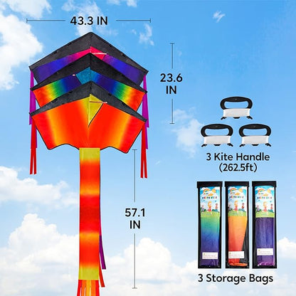 JOYIN 3 Packs Delta Multicolor Kite Warm and Cold Color Easy to Fly for Kids and Adults with 262.5