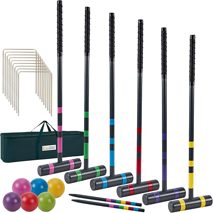 Six Player Deluxe Croquet Set, 35'' Croquette Game with Premium Wooden Mallets/Colored
