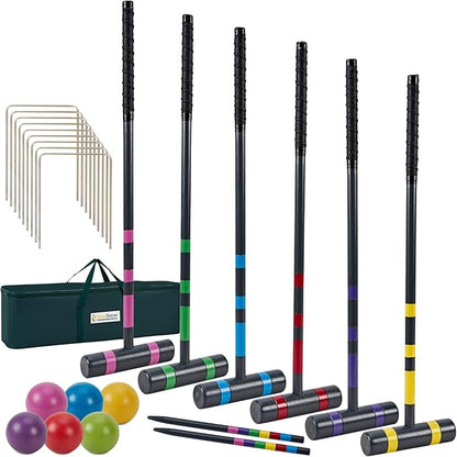Six Player Deluxe Croquet Set, 35'' Croquette Game with Premium Wooden Mallets/Colored