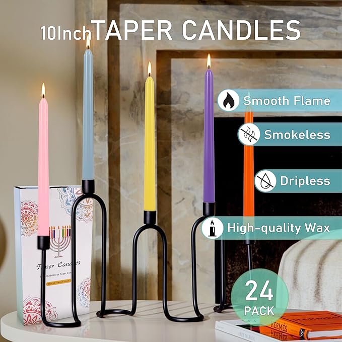 24 Colored Taper Candles, 7-8 Hours Burn Time, Unscented, Smokeless and Dripless, 0.75 x 10 Inch